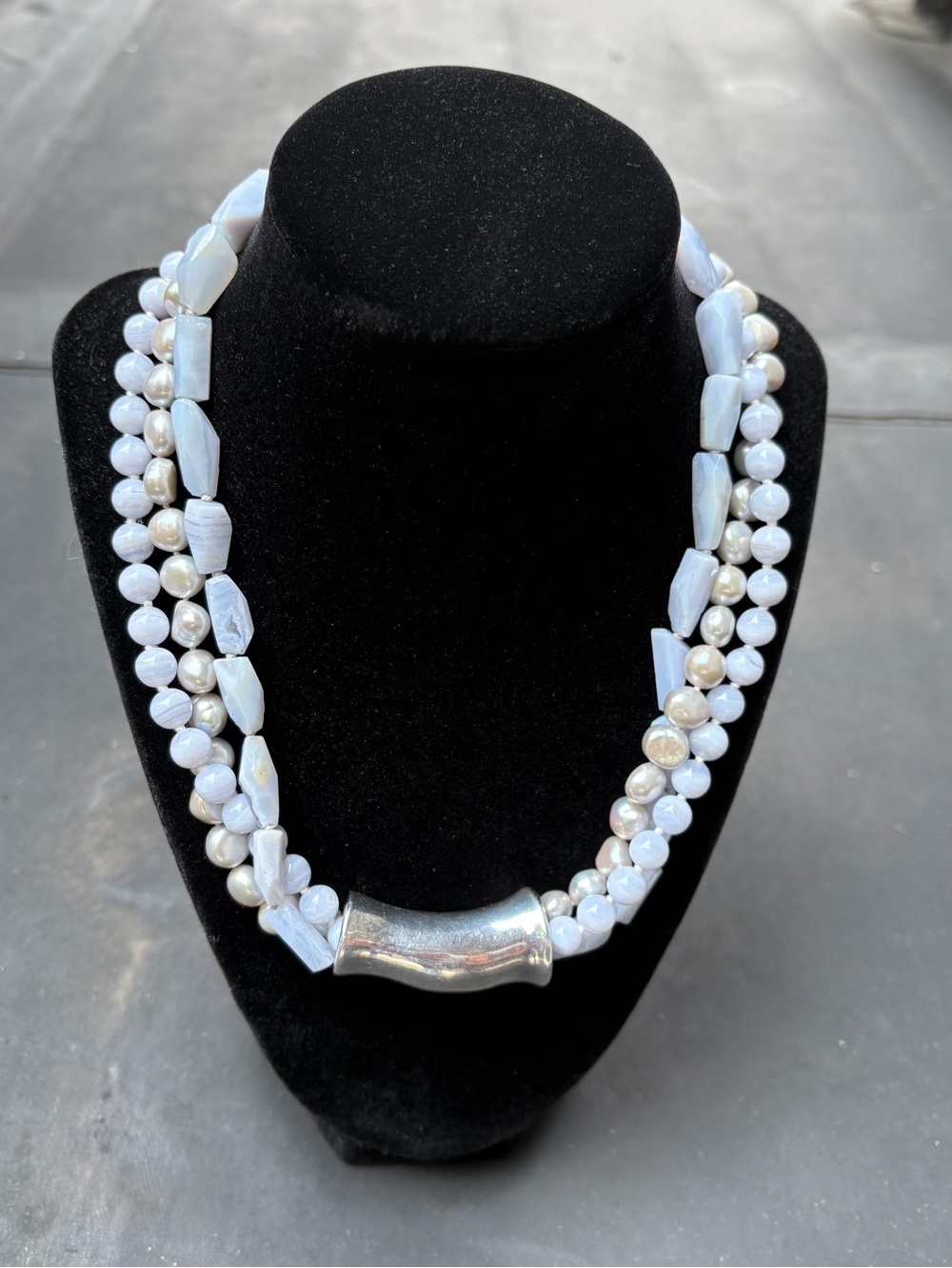 Simon Sebbag Necklace. Blue Lace Agate, Pearls, Elongated Sterling Silver Bead
